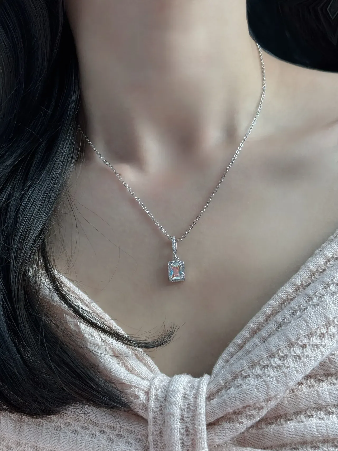 Iridescent Rectangular Halo Pendant Necklace 3