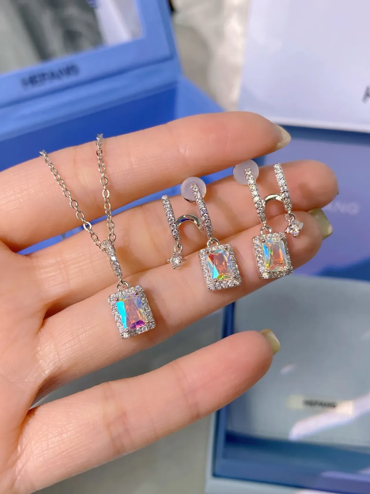 Iridescent Rectangular Halo Pendant Necklace 6
