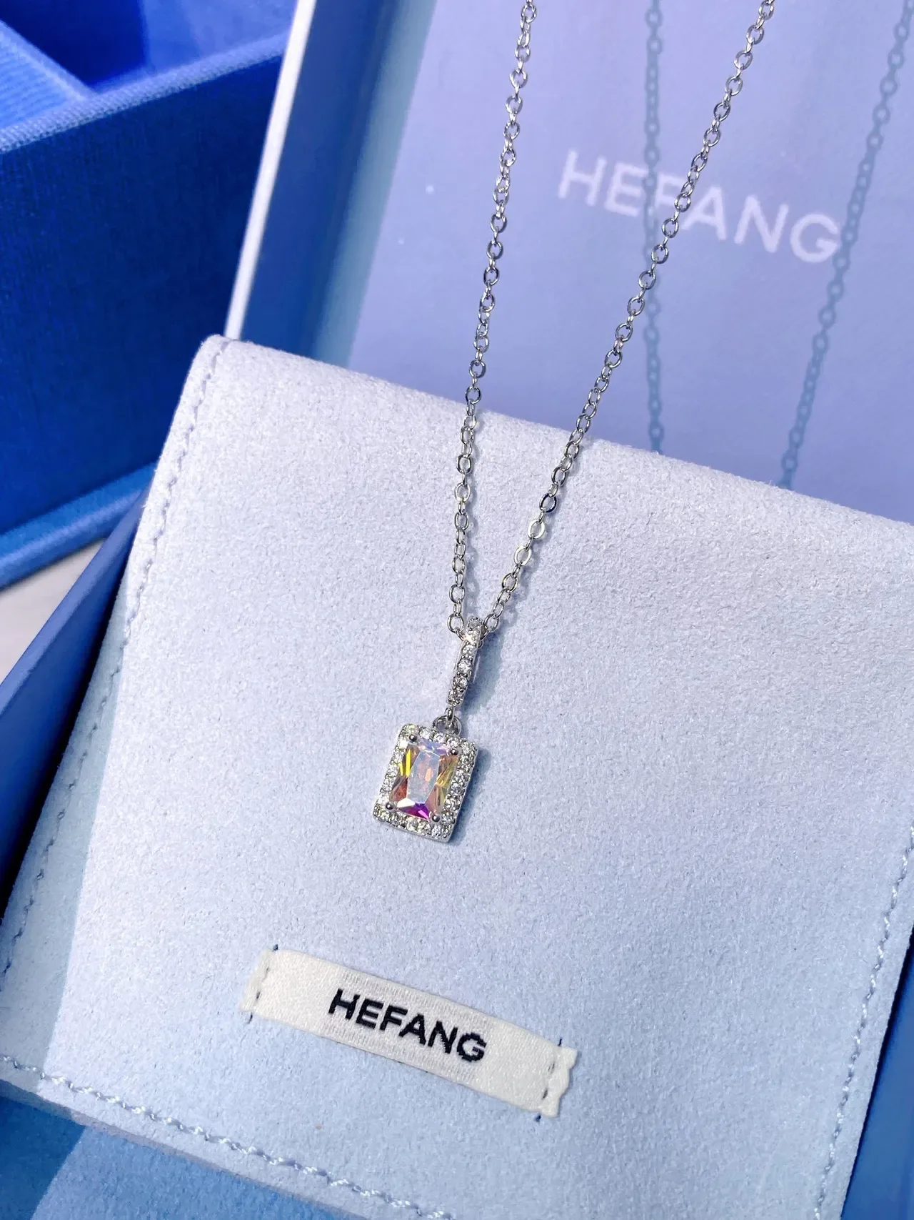Iridescent Rectangular Halo Pendant Necklace 9