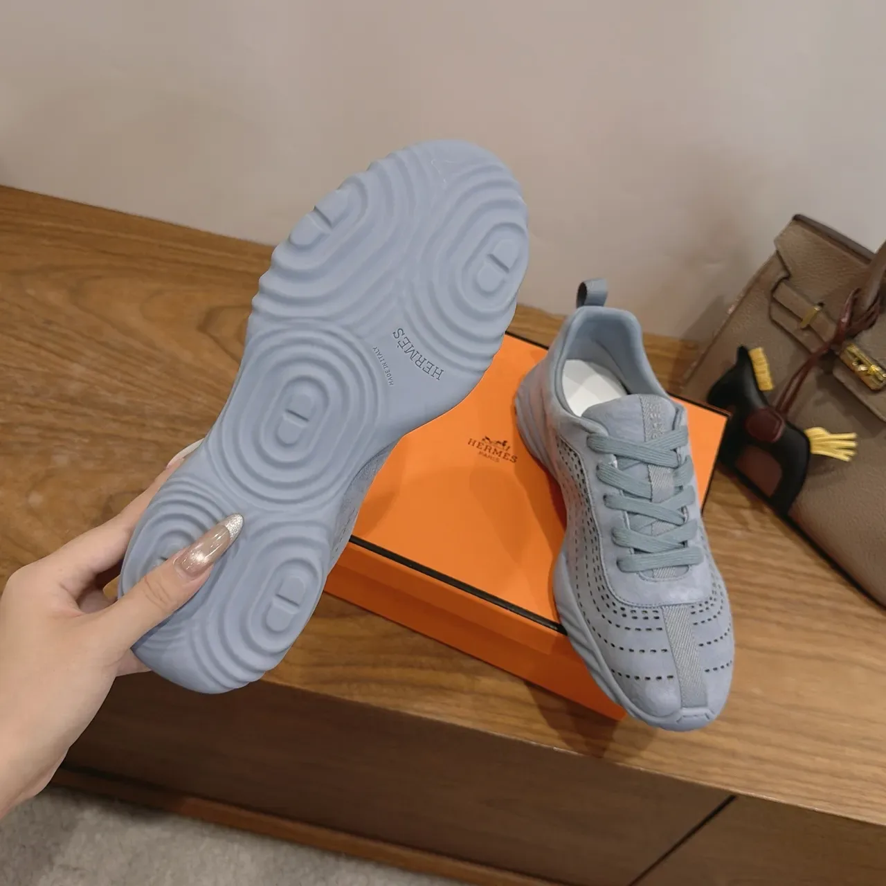 Light Gray Perforated Suede Lifestyle Sneakers 3