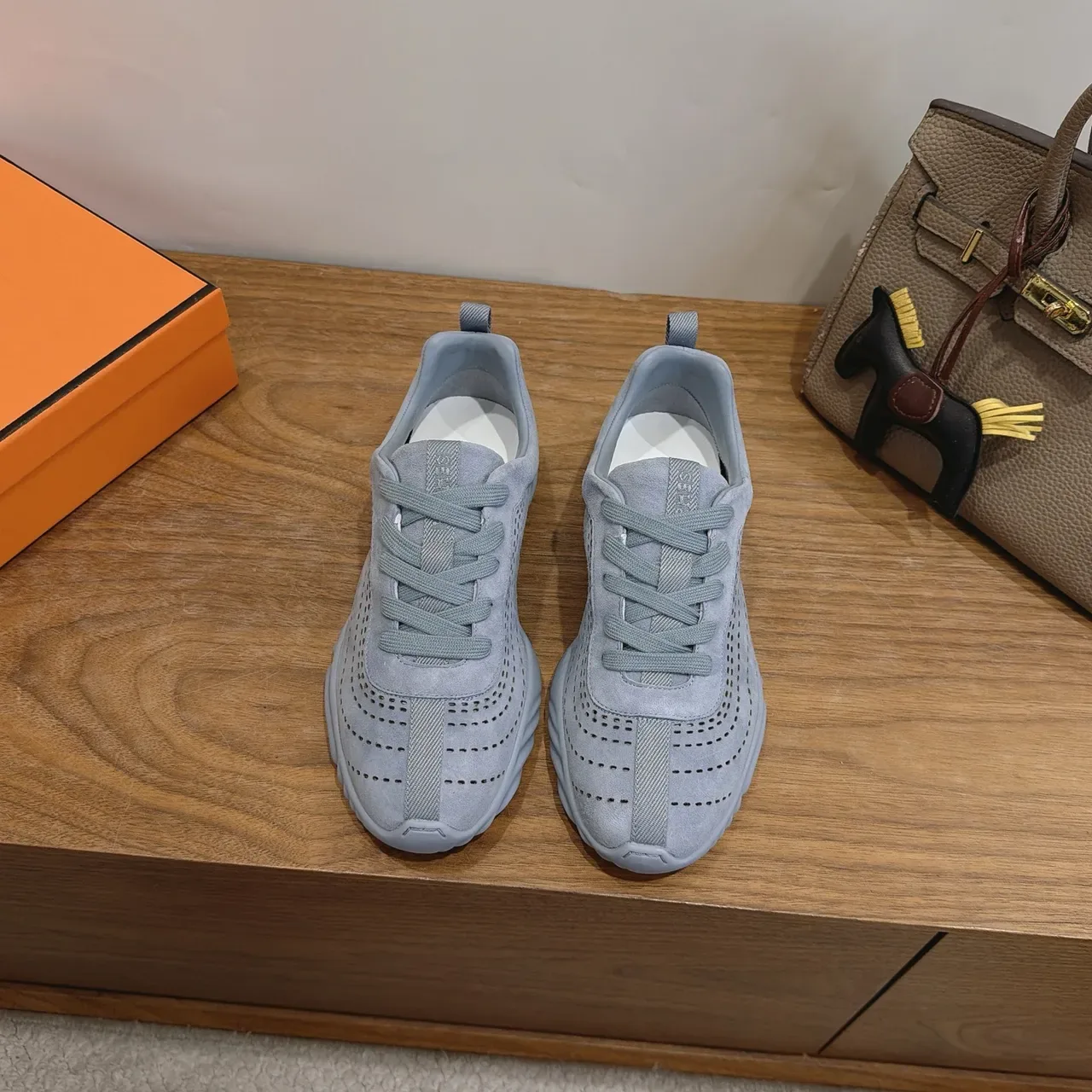 Light Gray Perforated Suede Lifestyle Sneakers 5