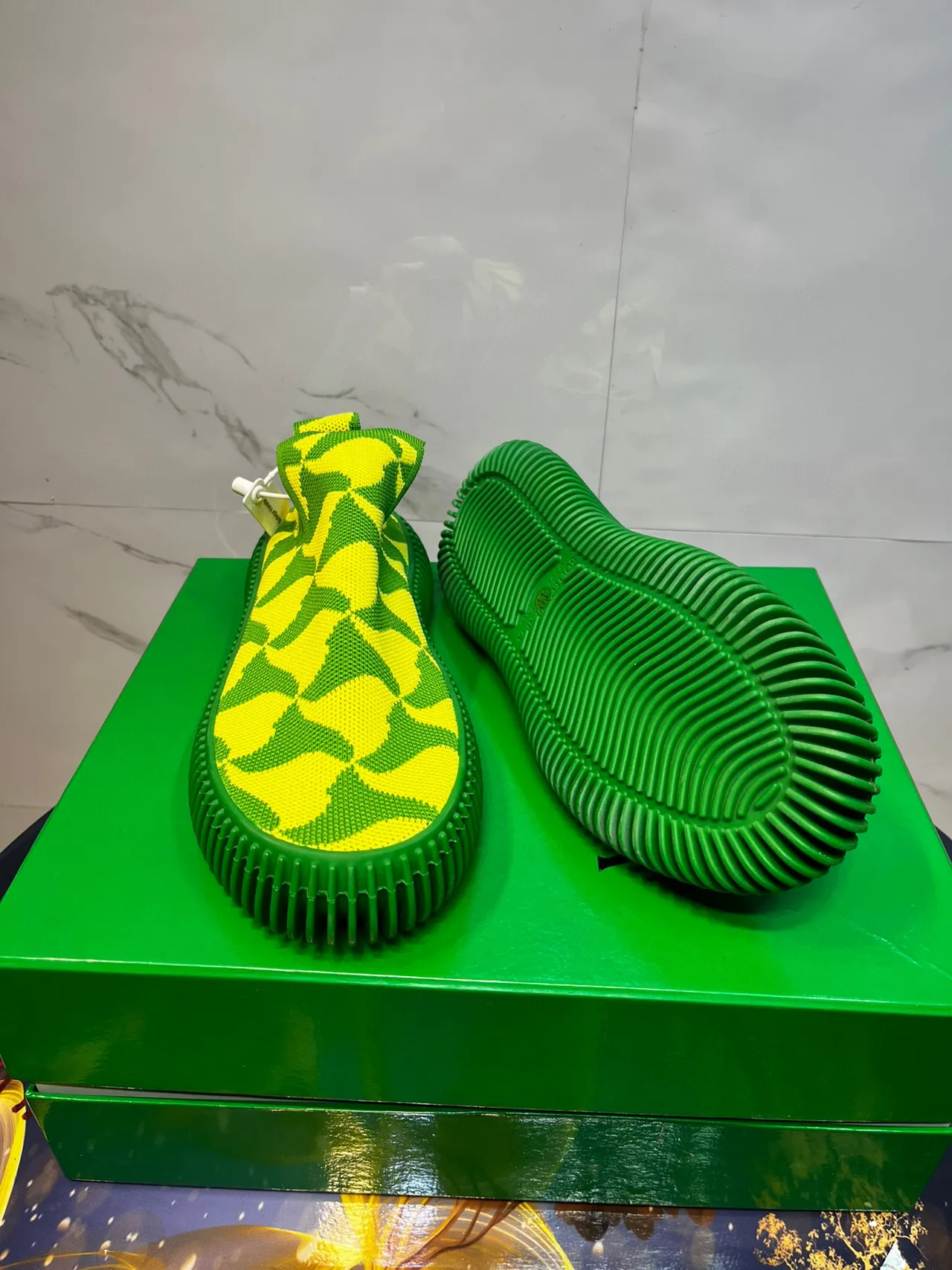 Lime Yellow and Green Geometric Knit Slip-On Lifestyle Sneakers 2