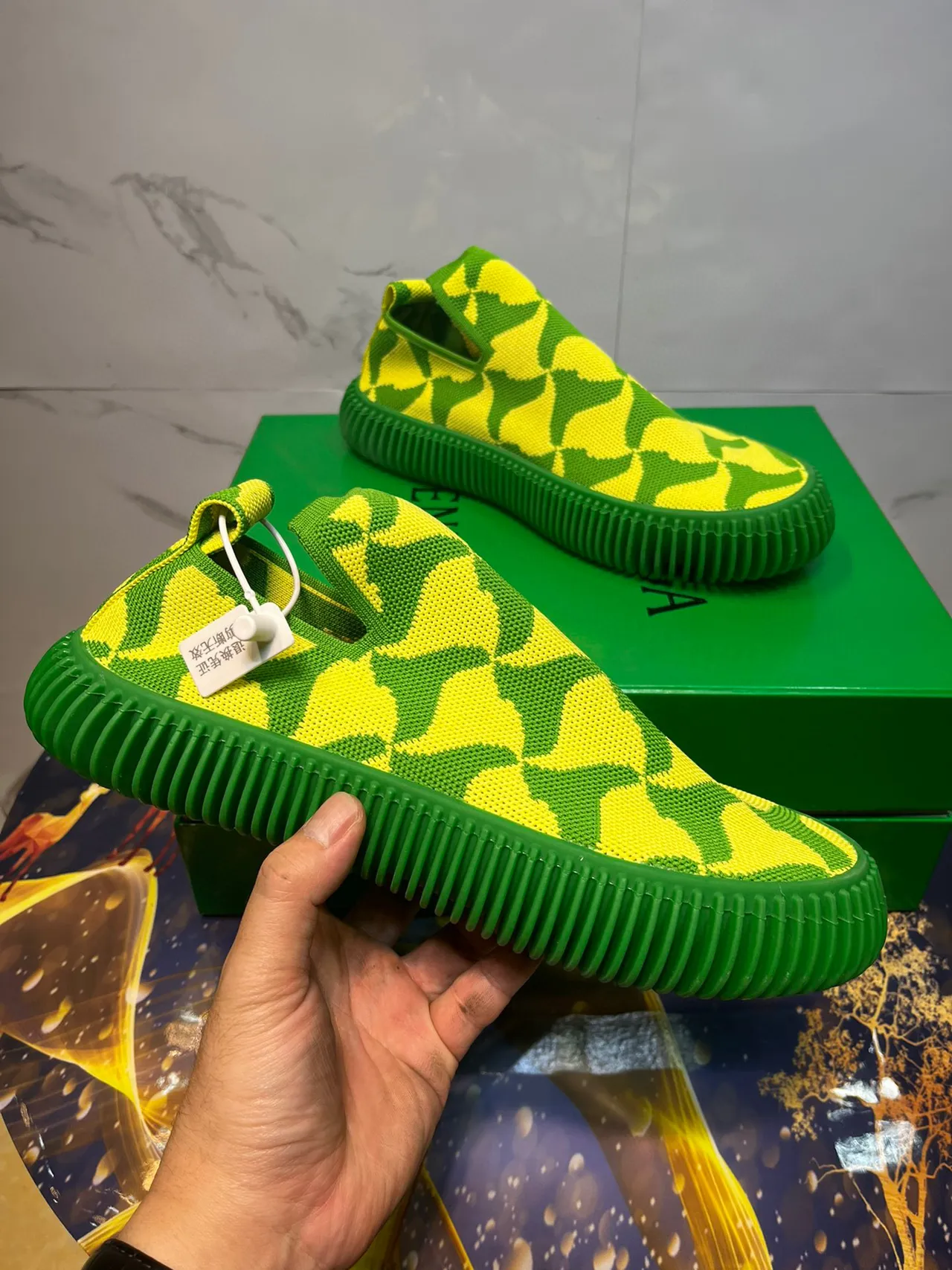 Lime Yellow and Green Geometric Knit Slip-On Lifestyle Sneakers 4