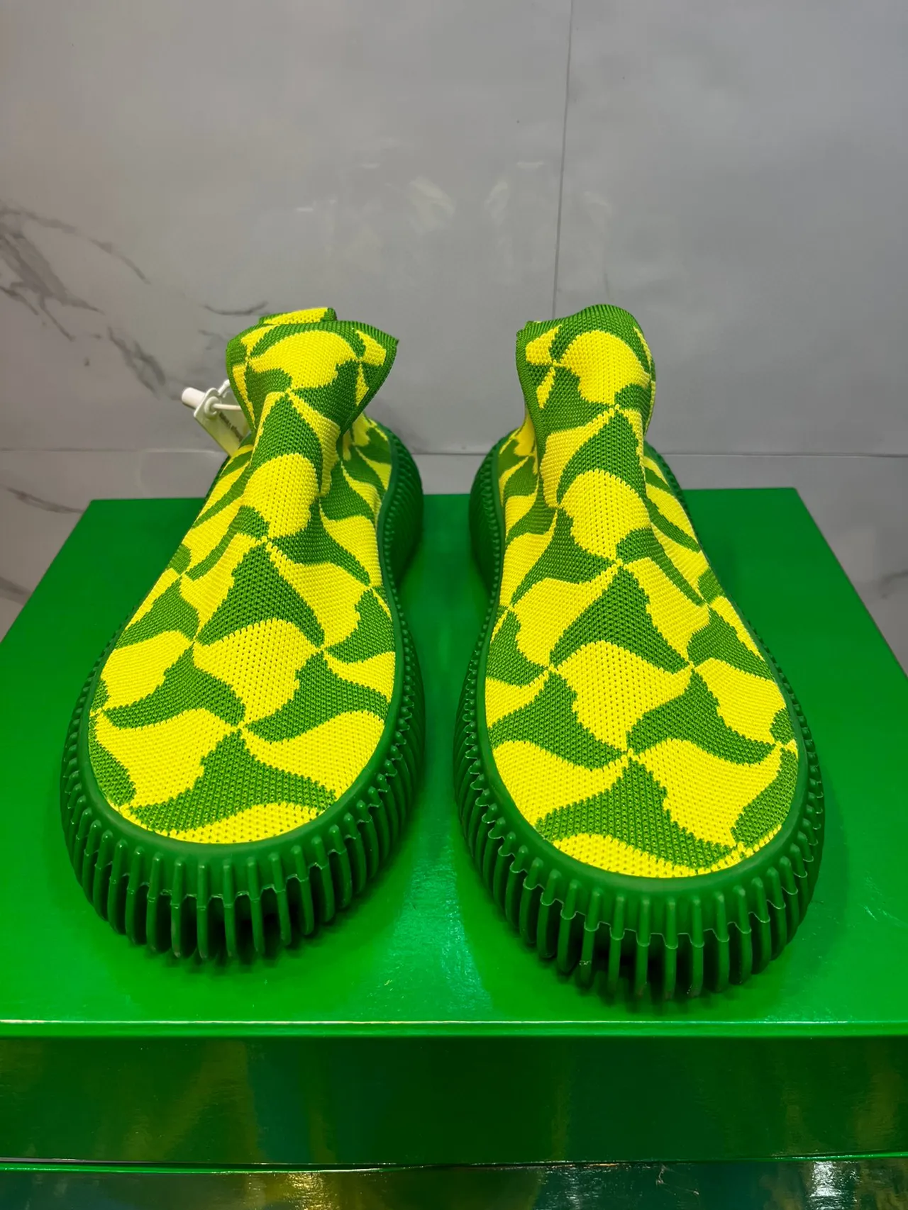 Lime Yellow and Green Geometric Knit Slip-On Lifestyle Sneakers 5