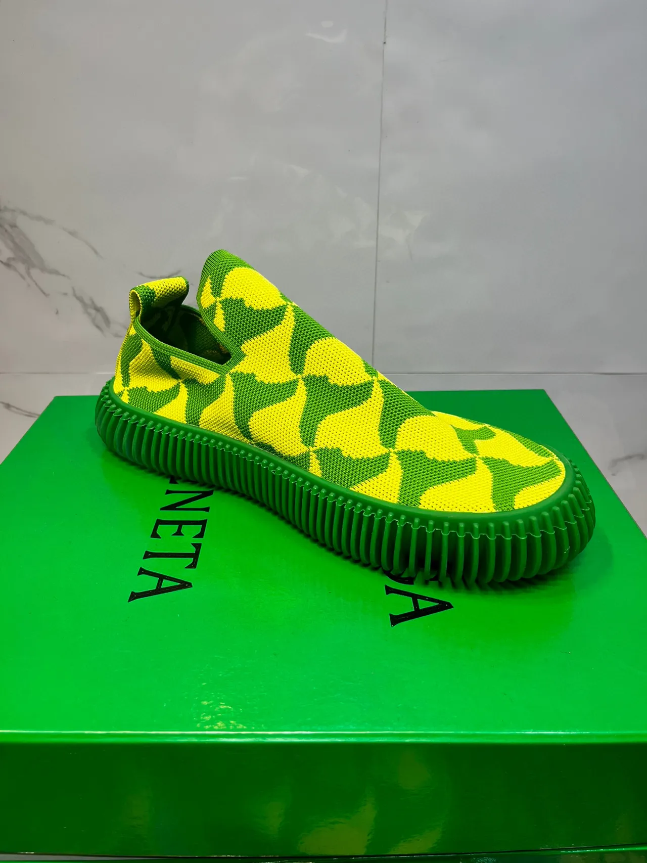 Lime Yellow and Green Geometric Knit Slip-On Lifestyle Sneakers 6