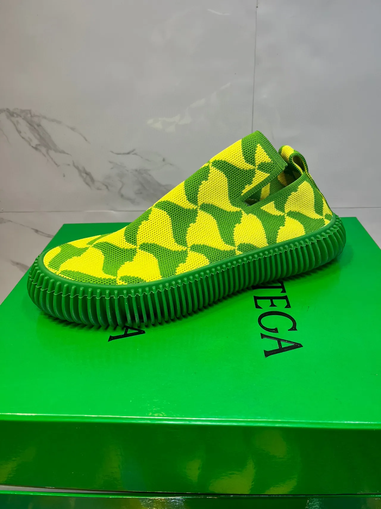 Lime Yellow and Green Geometric Knit Slip-On Lifestyle Sneakers 7