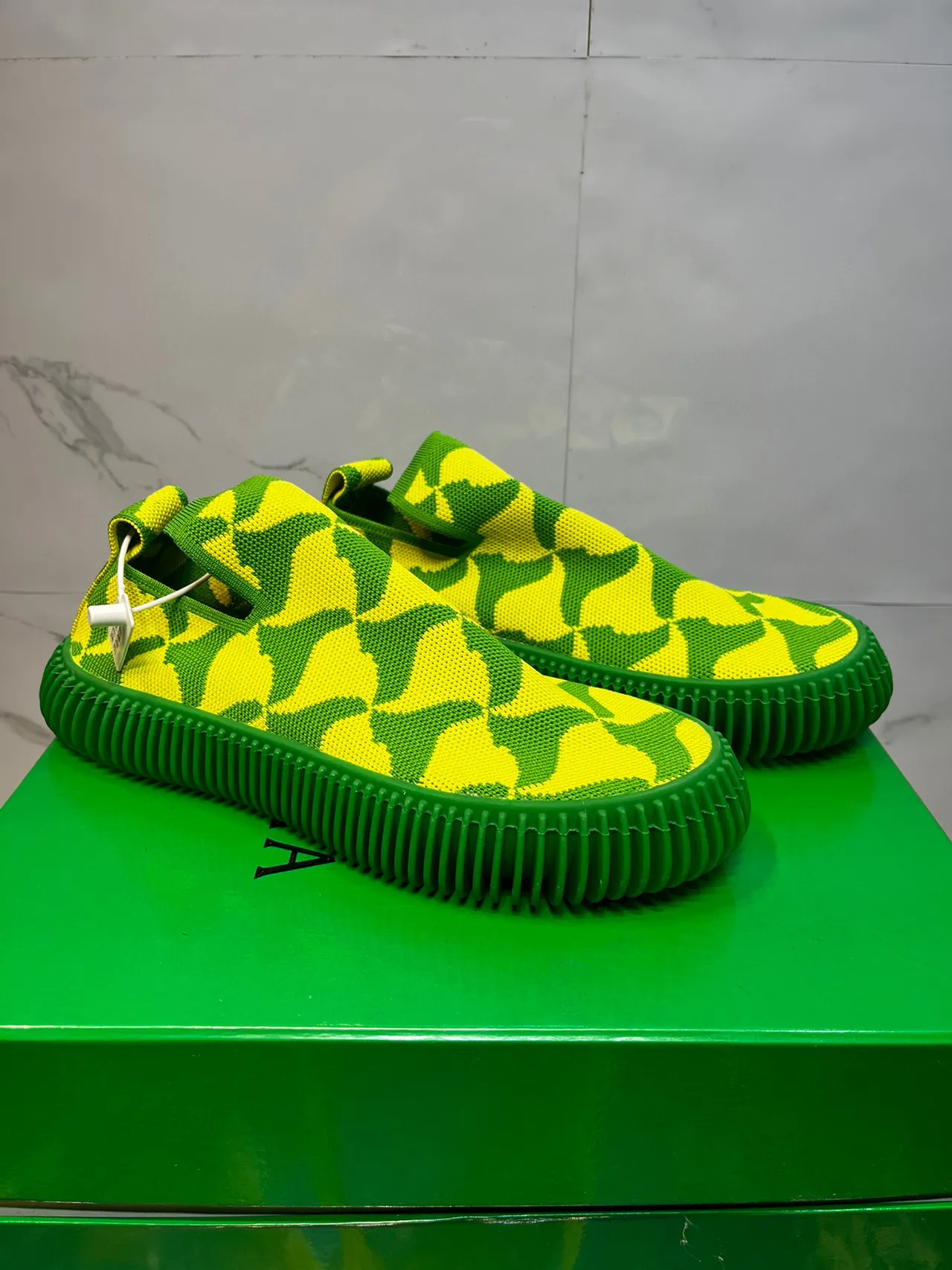 Lime Yellow and Green Geometric Knit Slip-On Lifestyle Sneakers 8