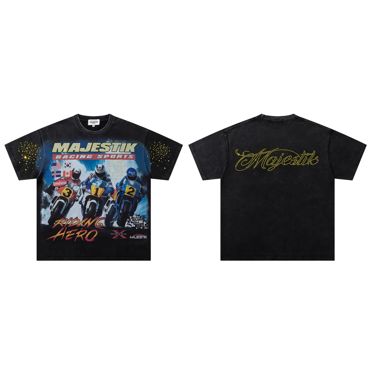 MAJESTIK Racing Sports Graphic Oversized Acid-Wash Black T-Shirt 2