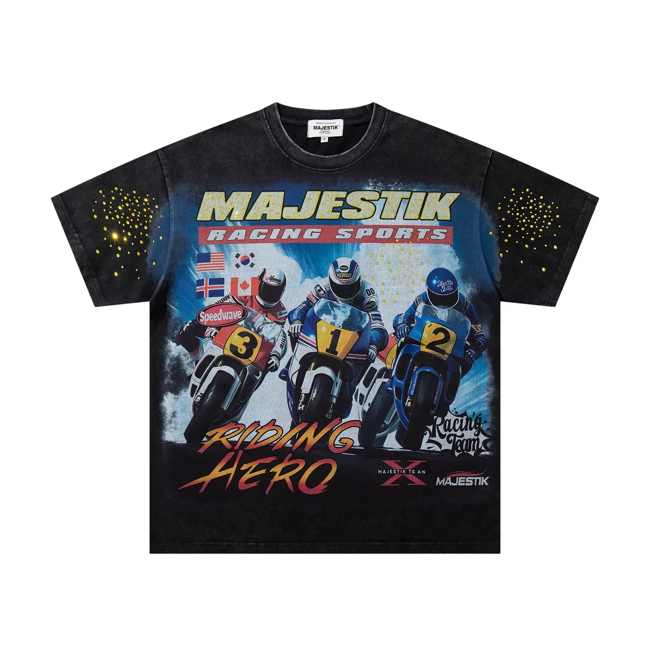 MAJESTIK Racing Sports Graphic Oversized Acid-Wash Black T-Shirt 4