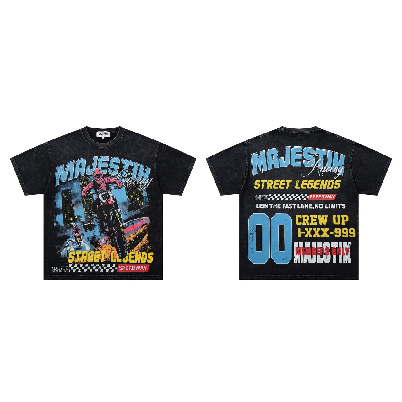 MAJESTIK Racing Street Legends Acid-Wash Black Graphic Print T-Shirt 2
