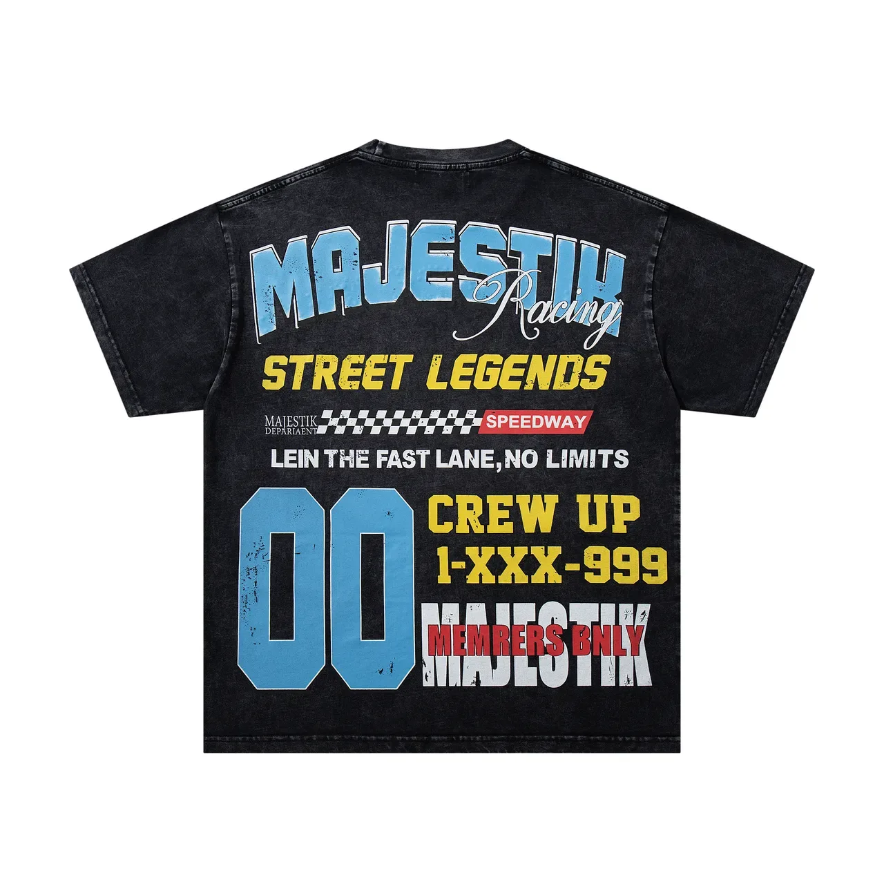 MAJESTIK Racing Street Legends Acid-Wash Black Graphic Print T-Shirt 3