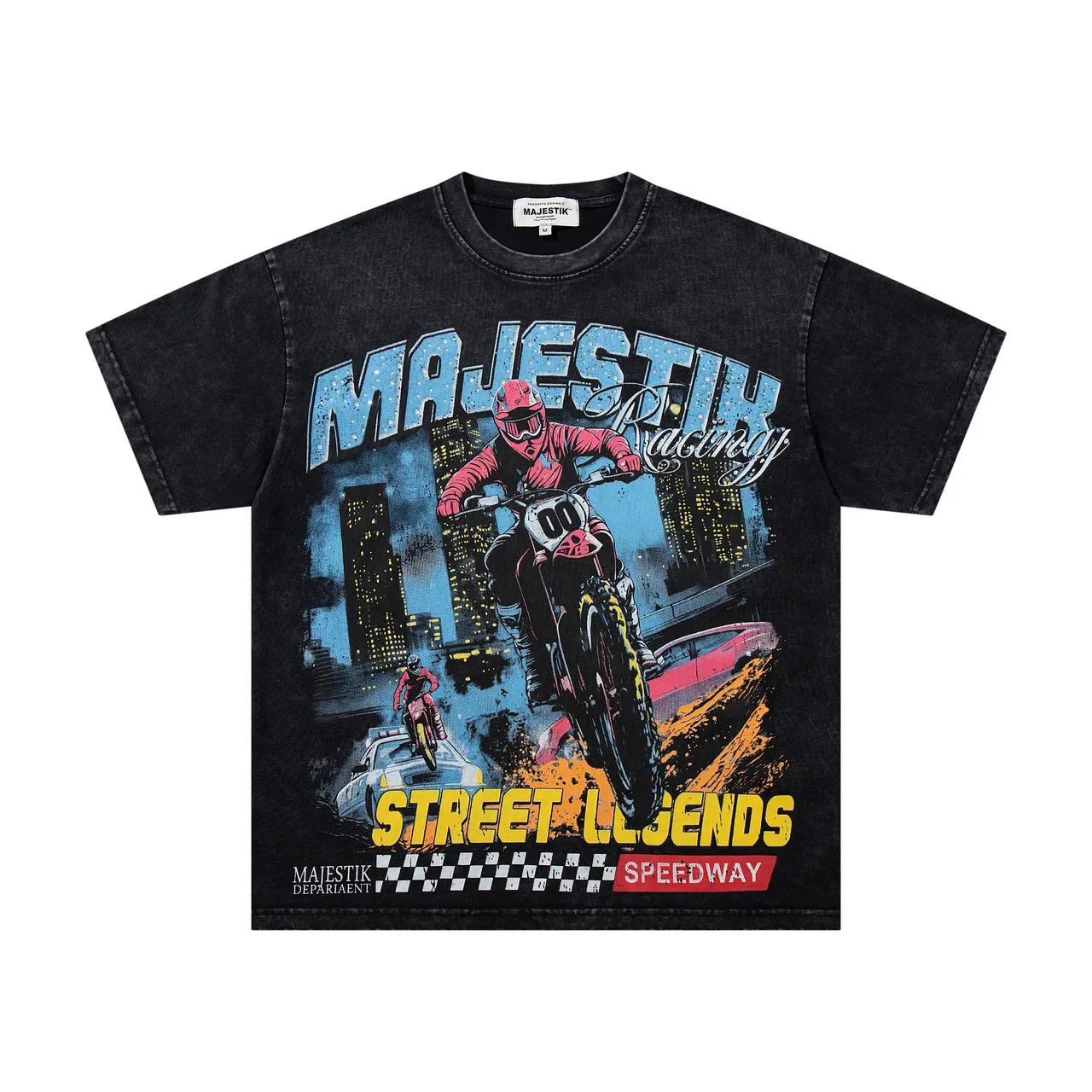 MAJESTIK Racing Street Legends Acid-Wash Black Graphic Print T-Shirt 4