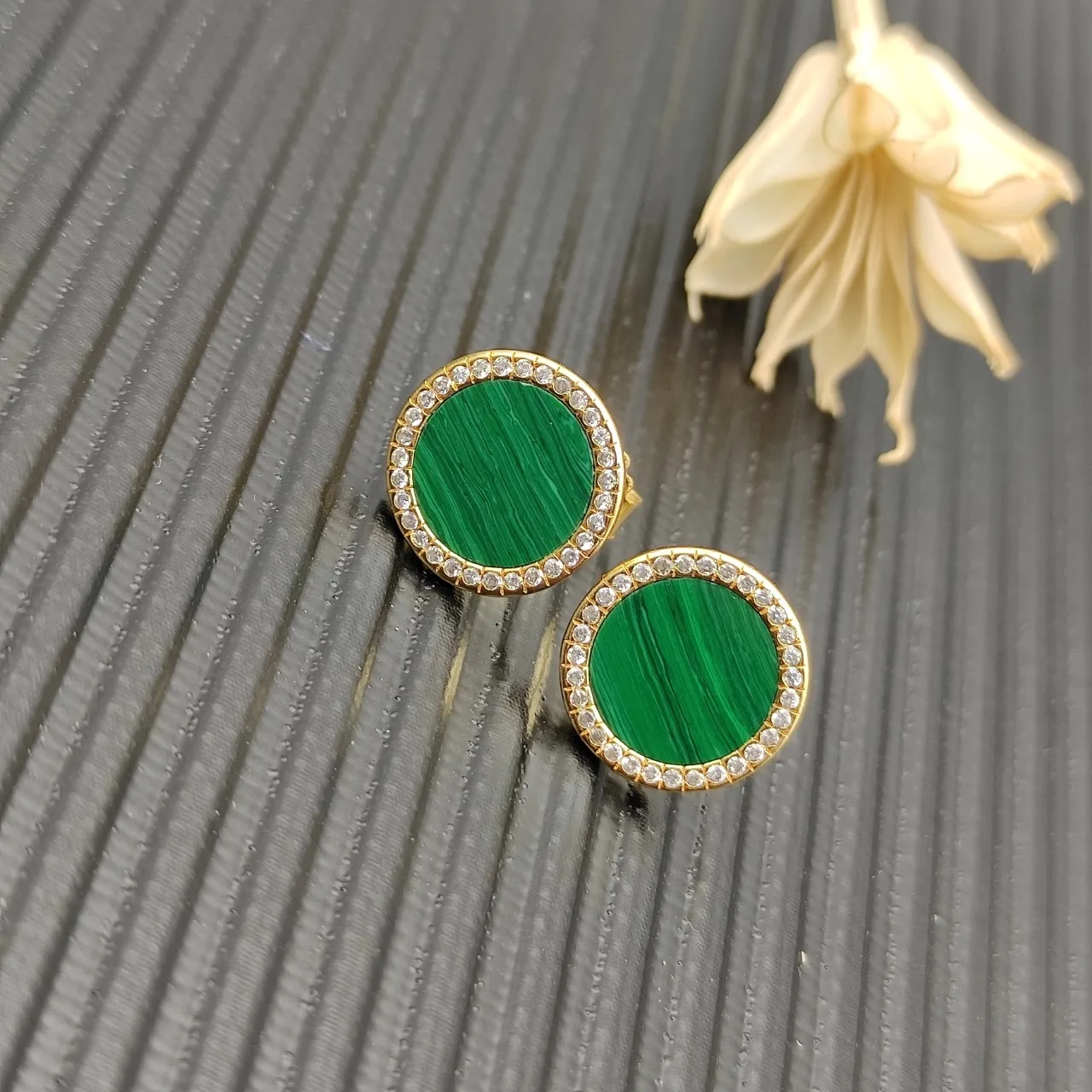 Malachite and Pavé Diamond Halo Stud Earrings 4