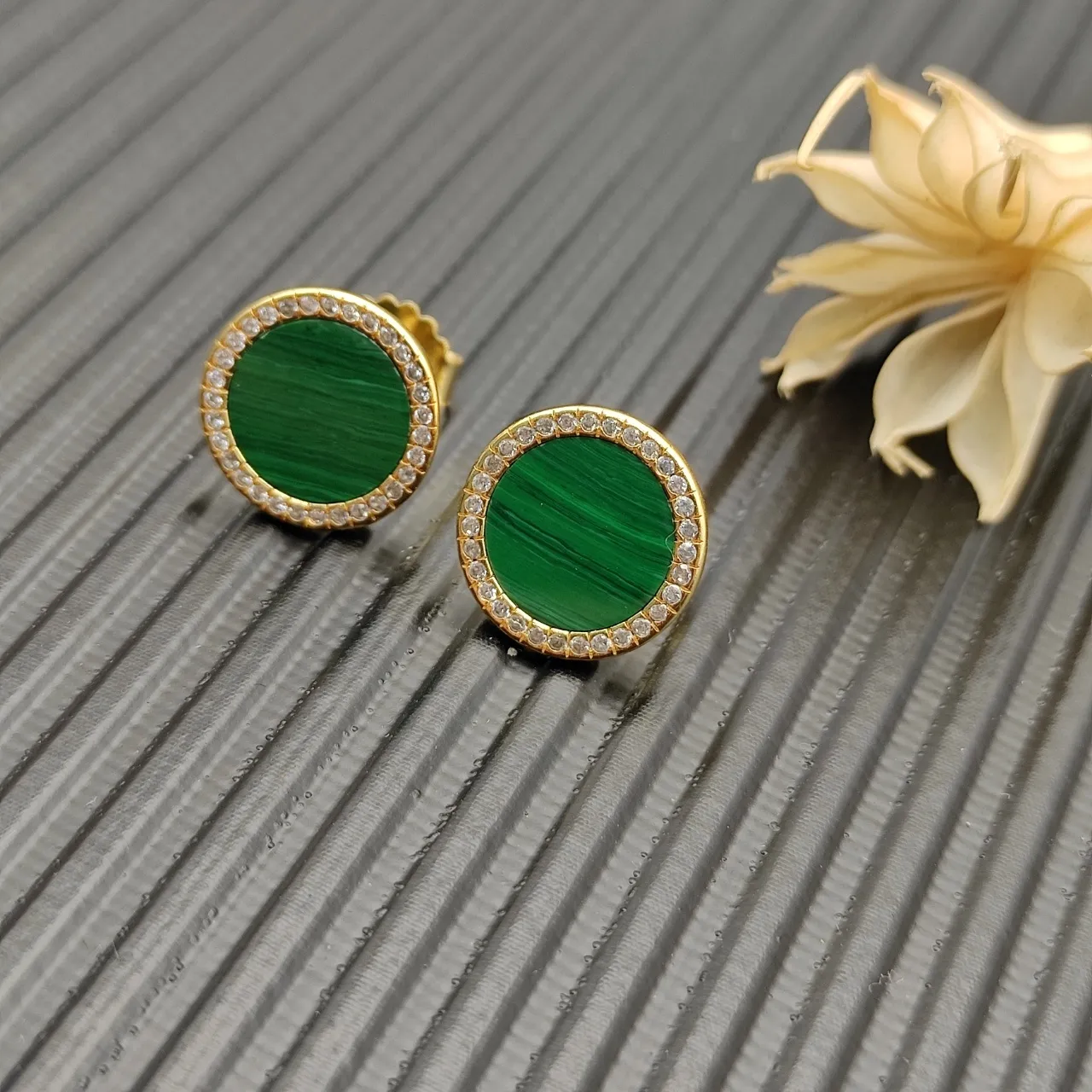 Malachite and Pavé Diamond Halo Stud Earrings 8