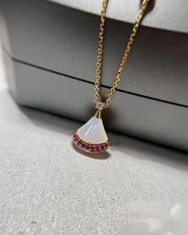 Messika Gold Pink Fan-Shaped Pendant Mother-of-Pearl Center Necklace 3
