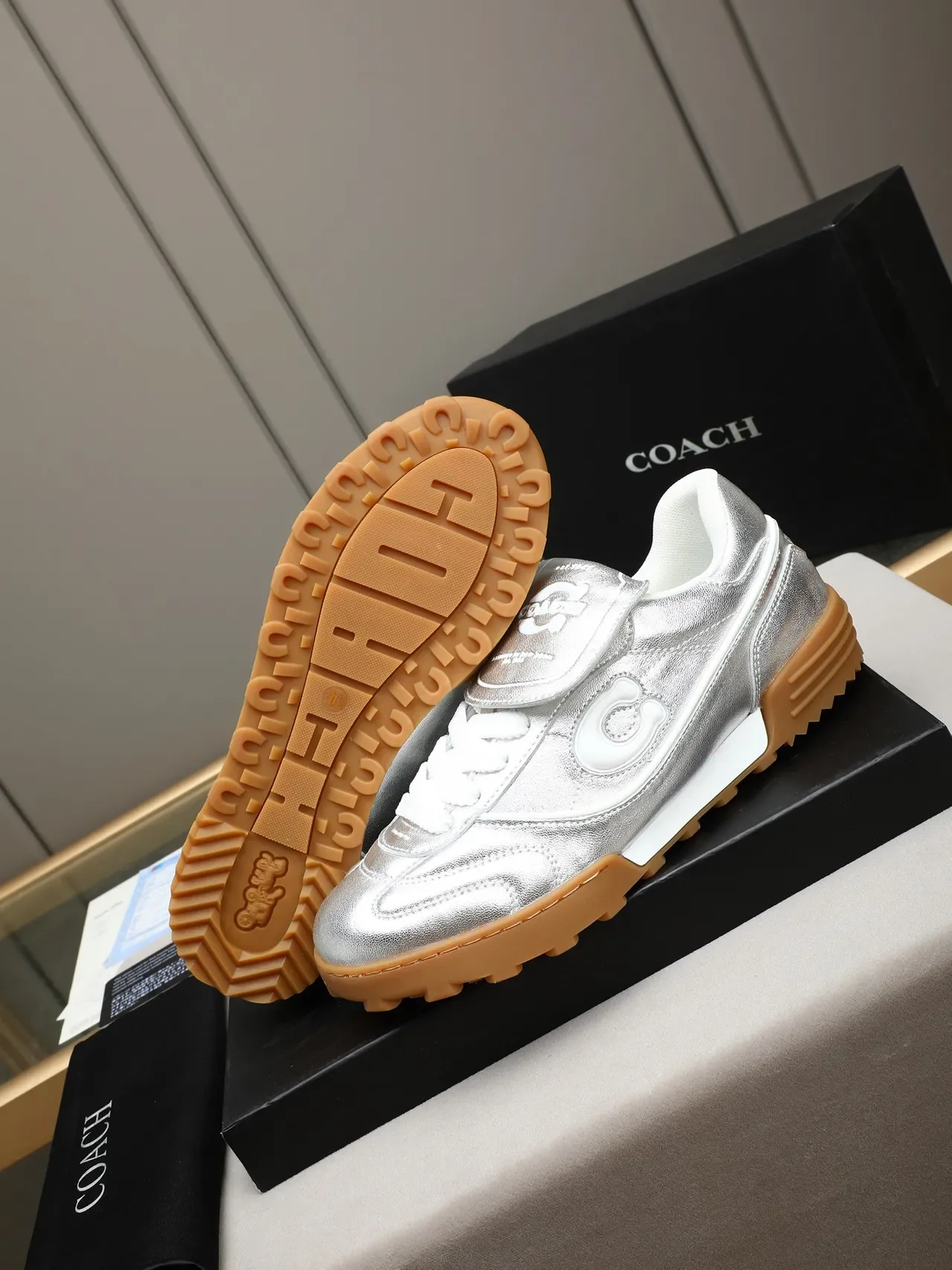 Metallic Silver and Gum Retro Turf-Inspired Lifestyle Sneakers 4