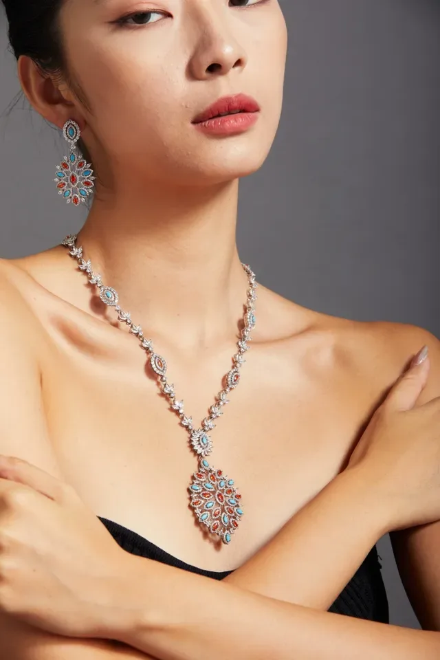 Multicolor Crystal-Encrusted Floral Pendant Necklace 3