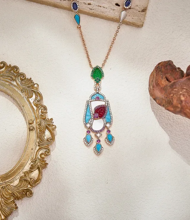 Multicolor Enamel and Gemstone Pendant Necklace 1