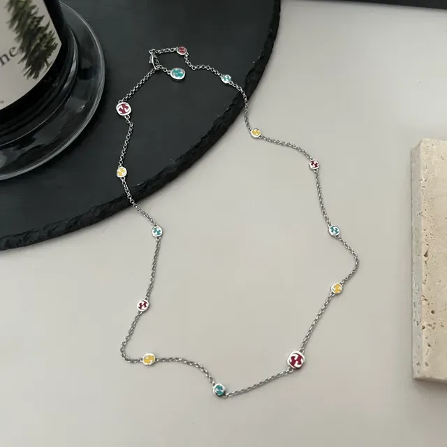 Multicolor Enamel Charm Station Necklace 1