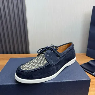 Navy Beige Suede Monogrammed Textile Toe Boat Shoes