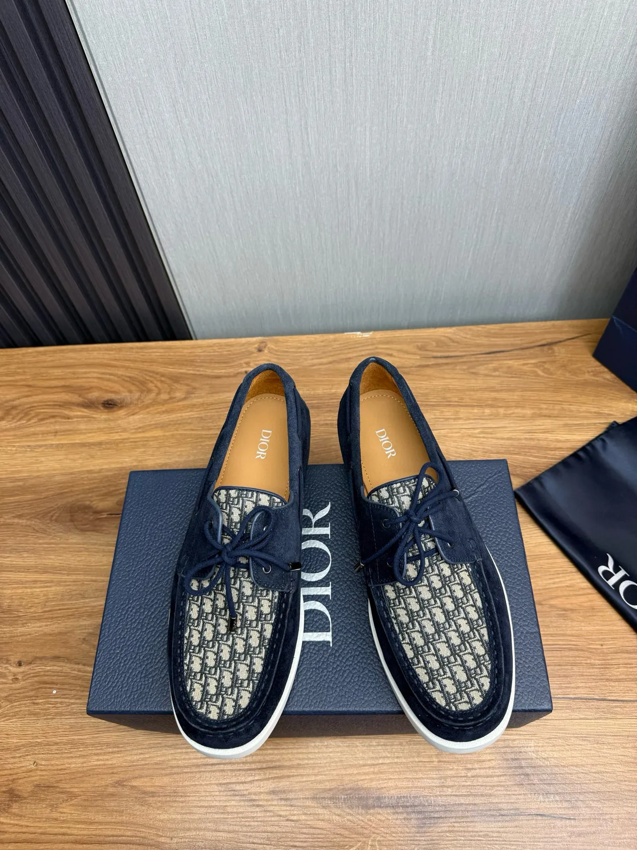 Navy Beige Suede Monogrammed Textile Toe Boat Shoes 2