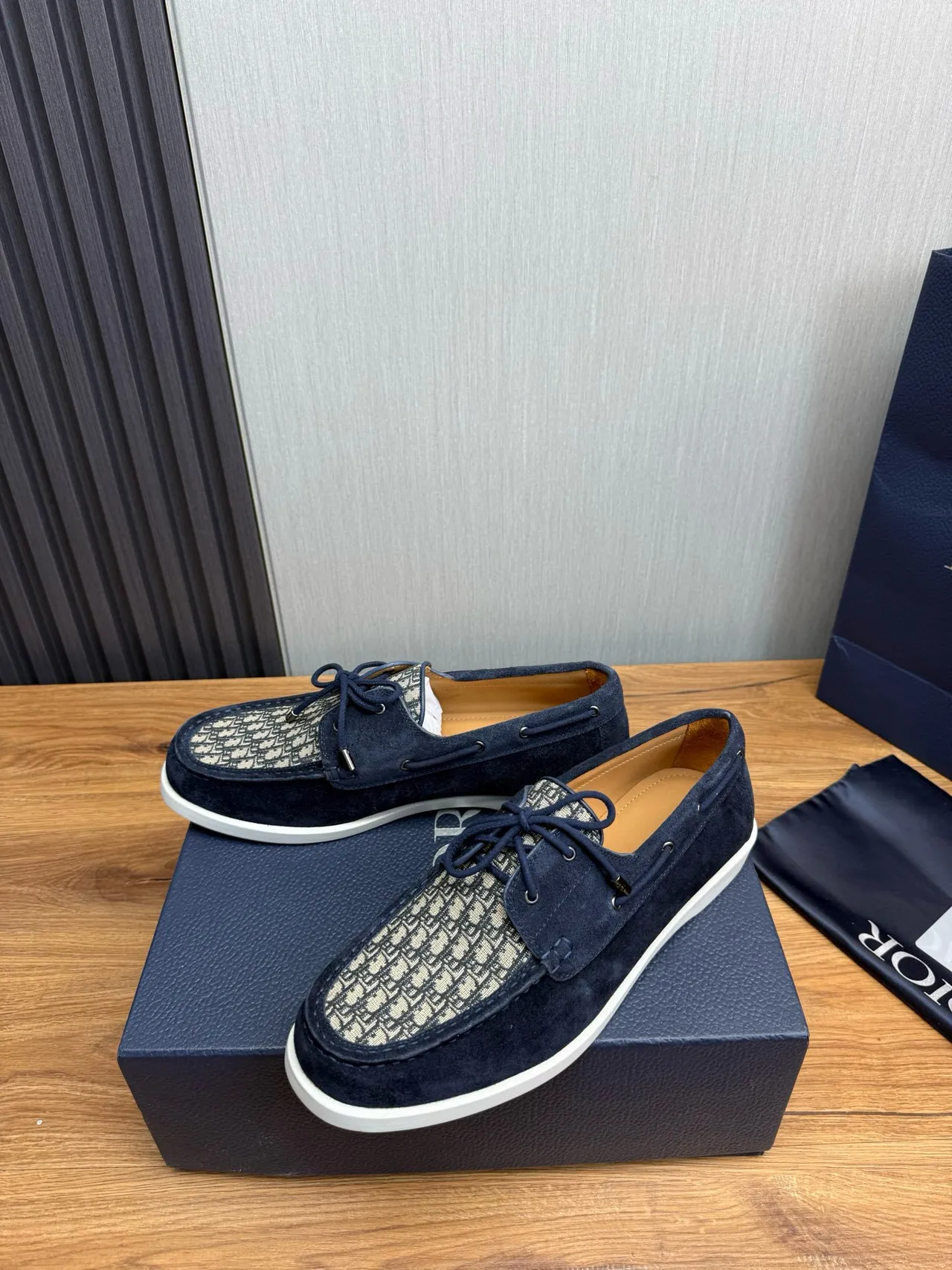 Navy Beige Suede Monogrammed Textile Toe Boat Shoes 3