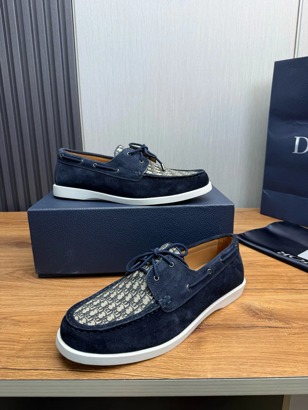 Navy Beige Suede Monogrammed Textile Toe Boat Shoes 4