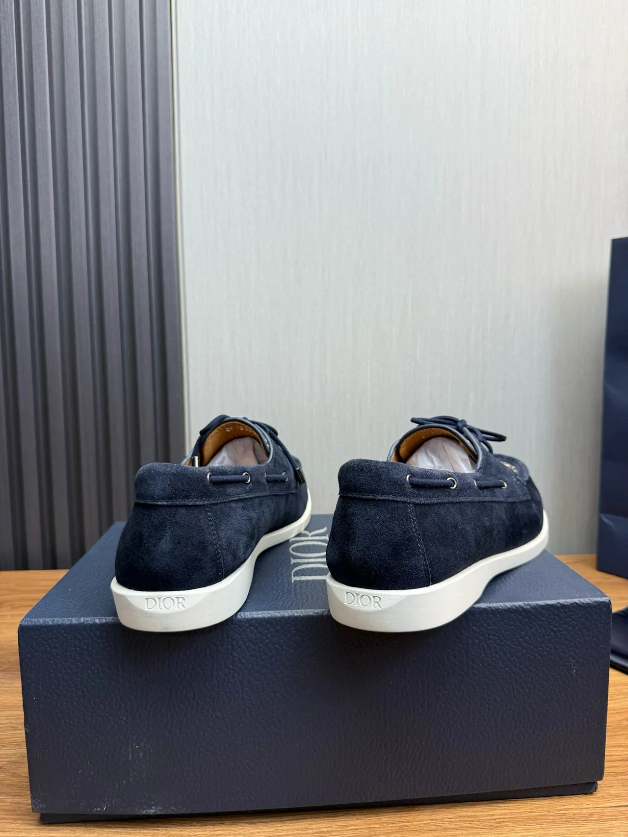 Navy Beige Suede Monogrammed Textile Toe Boat Shoes 5