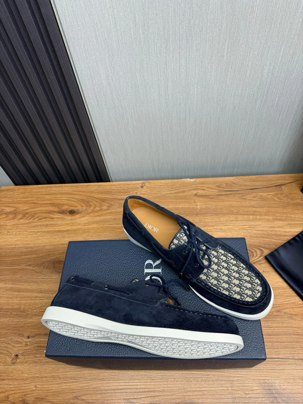 Navy Beige Suede Monogrammed Textile Toe Boat Shoes 6