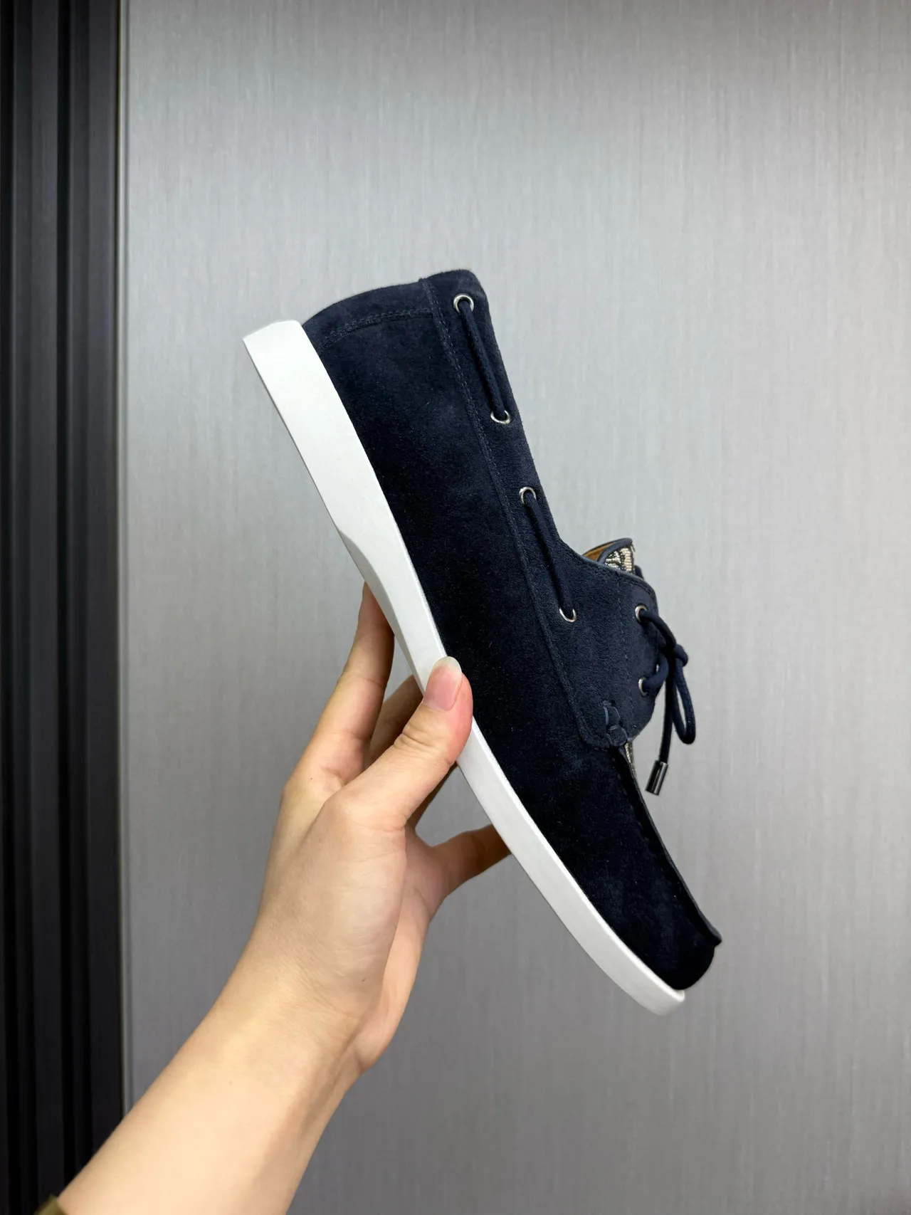 Navy Beige Suede Monogrammed Textile Toe Boat Shoes 7