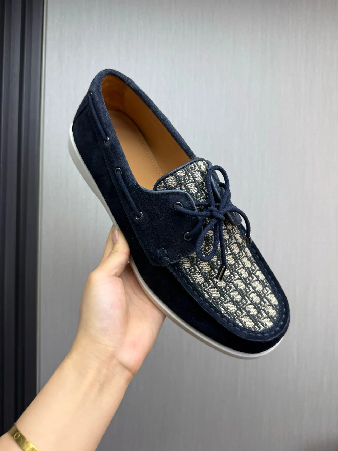 Navy Beige Suede Monogrammed Textile Toe Boat Shoes 8