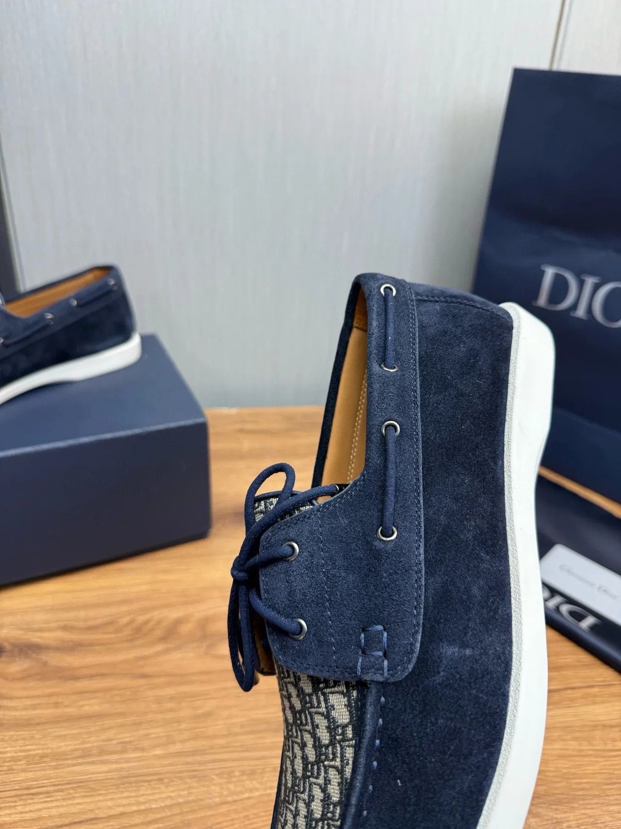 Navy Beige Suede Monogrammed Textile Toe Boat Shoes 9
