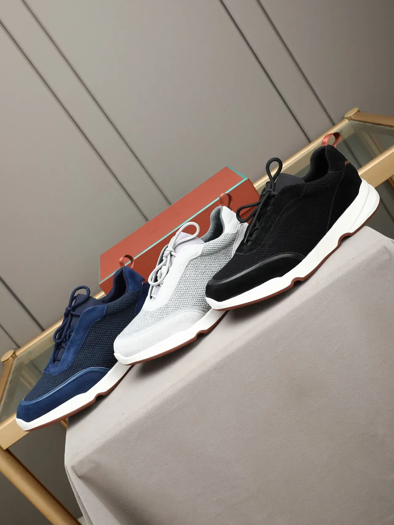 Navy Brown Blue Suede And Mesh Upper Sculpted White Midsole Sneakers 2