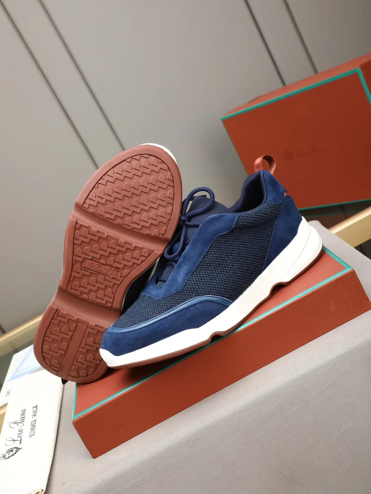 Navy Brown Blue Suede And Mesh Upper Sculpted White Midsole Sneakers 4