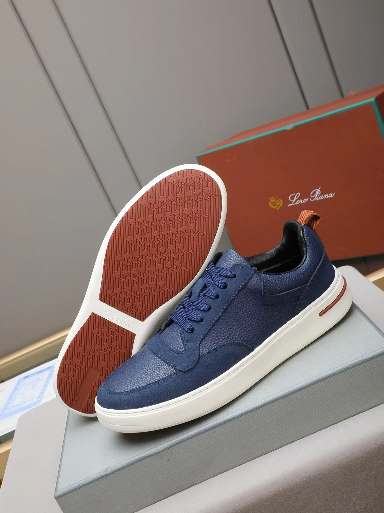 Navy Brown Textured Leather/suede Upper Two-Tone And White Sneakers 4