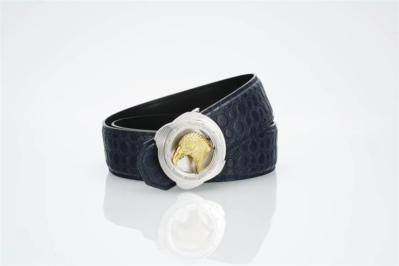 Navy Gold Hexagonal-Embossed Sculpted Golden Eagle Head Buckle Leather Belt 4