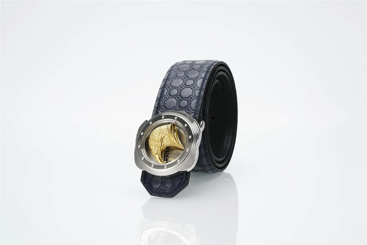 Navy Gold Hexagonal-Embossed Sculpted Golden Eagle Head Buckle Leather Belt 7