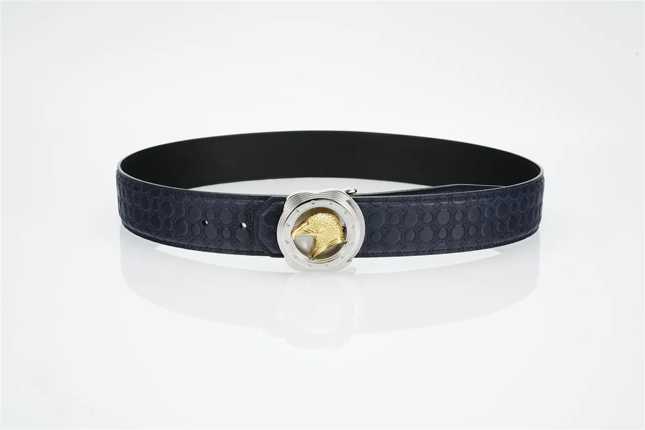 Navy Gold Hexagonal-Embossed Sculpted Golden Eagle Head Buckle Leather Belt 9