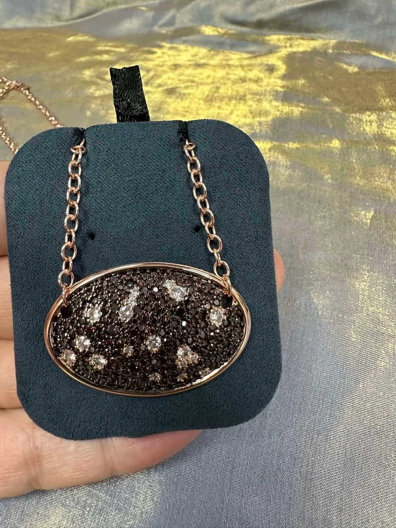 Navy Gold Oval Druzy Pendant Link Chain Necklace 7