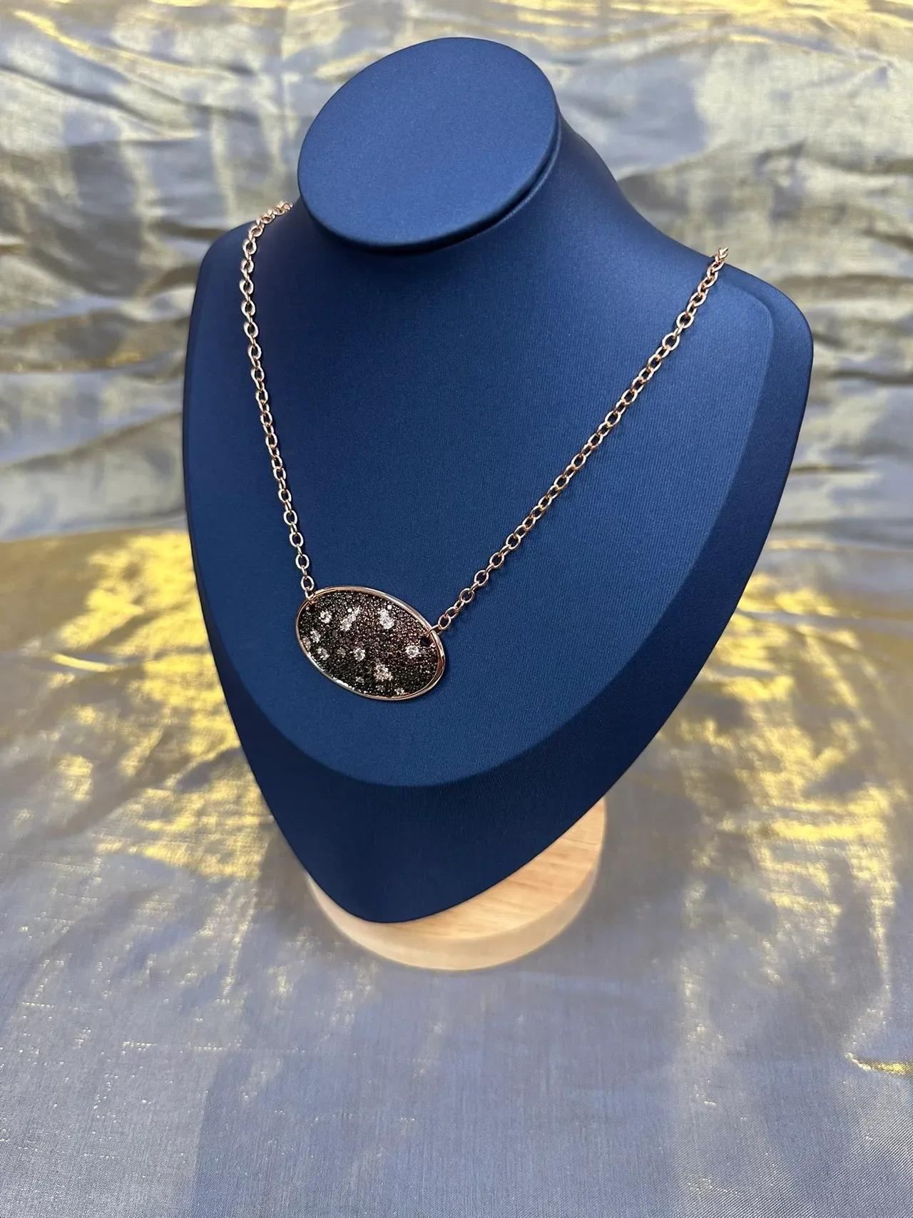 Navy Gold Oval Druzy Pendant Link Chain Necklace 9