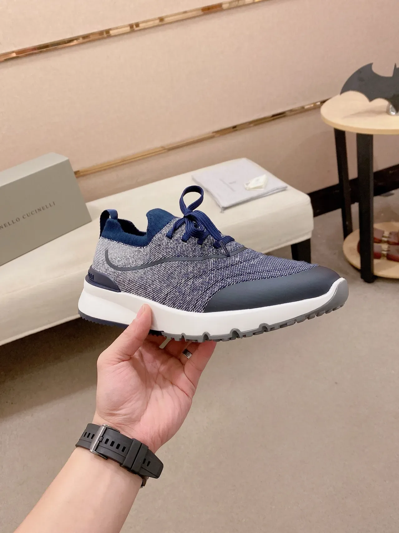 Navy Gray Knit Upper Contrast Accents Sneakers 5