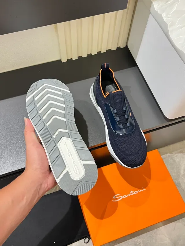 Navy Orange Knit Upper Laceless Slip-On Sneakers 3