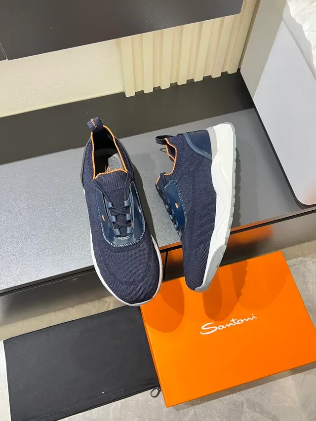 Navy Orange Knit Upper Laceless Slip-On Sneakers 4