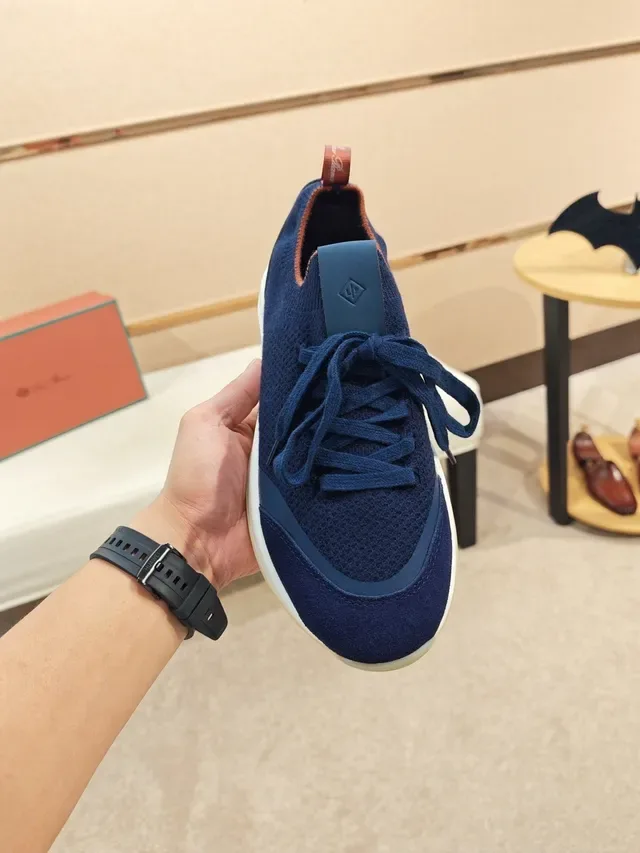 Navy Red Knit Upper Layered White-and-Gum Sole Sneakers 6