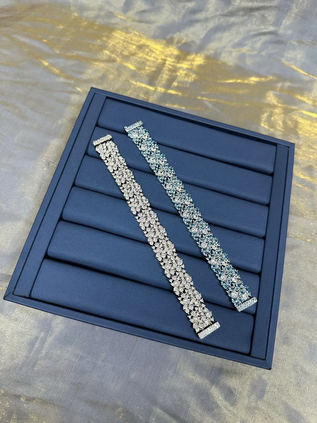 Navy Silver Multi-Row Crystal Cluster Rigid Cuff-Style Bracelet 5