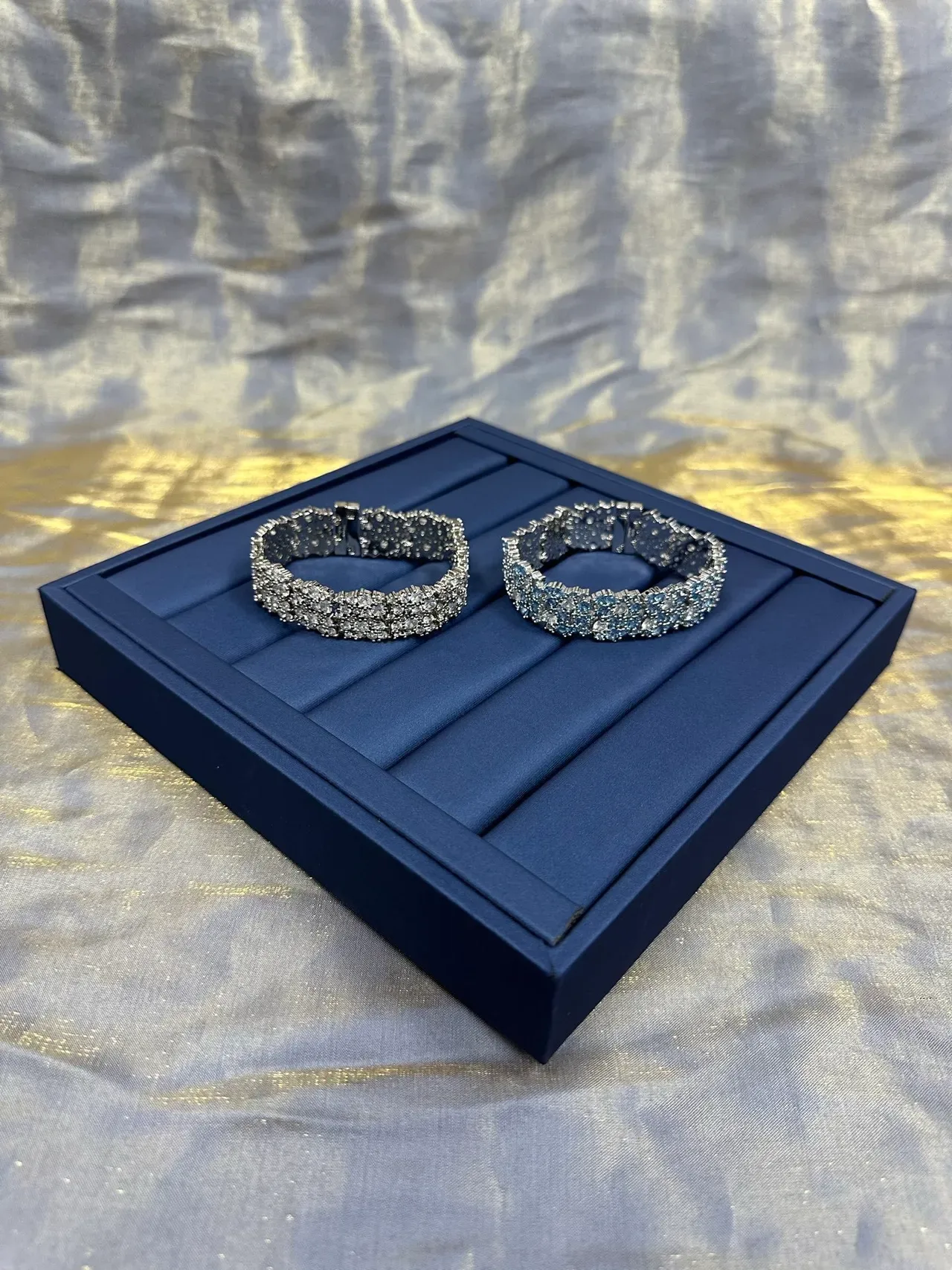 Navy Silver Multi-Row Crystal Cluster Rigid Cuff-Style Bracelet 6