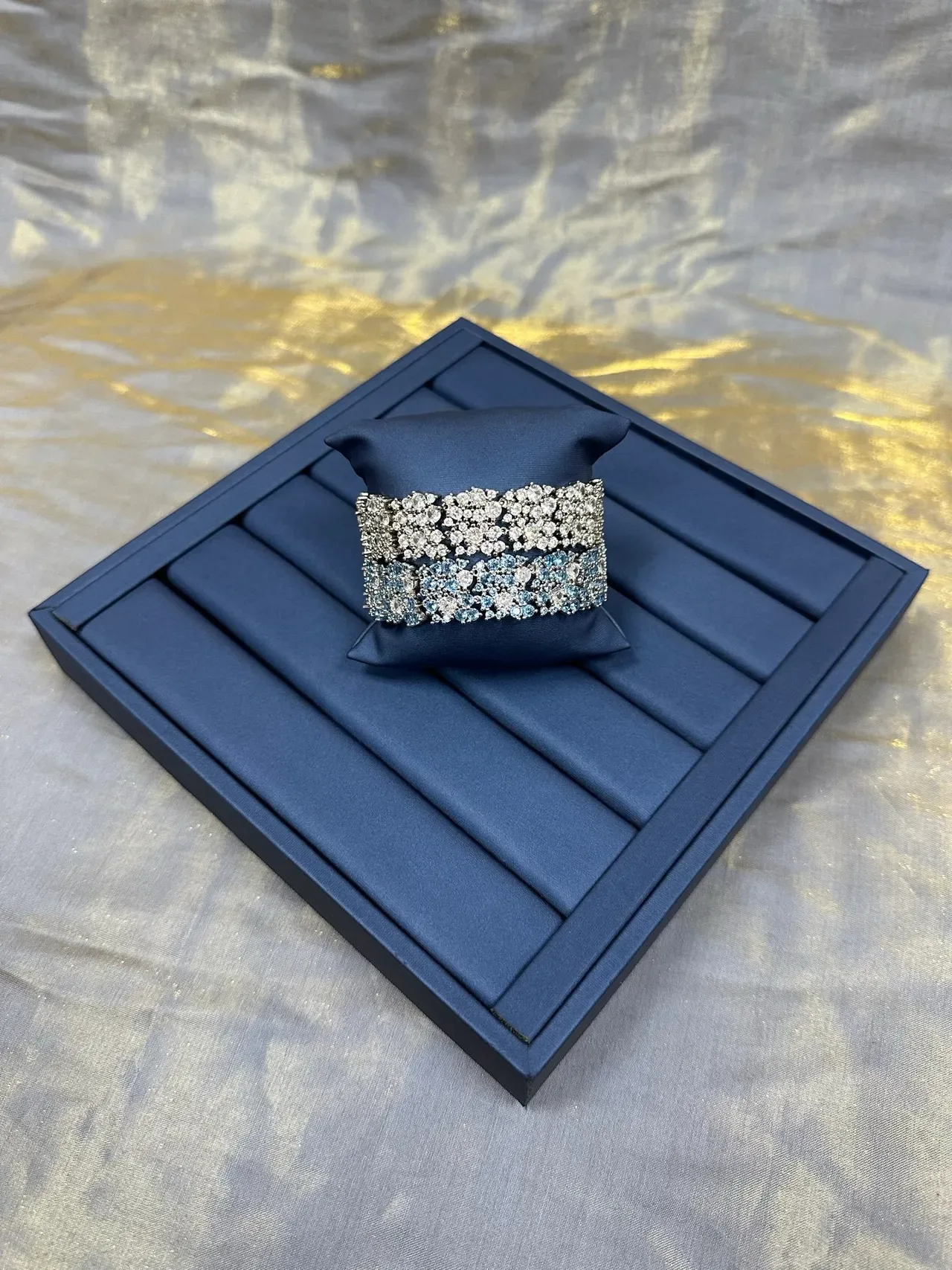 Navy Silver Multi-Row Crystal Cluster Rigid Cuff-Style Bracelet 8
