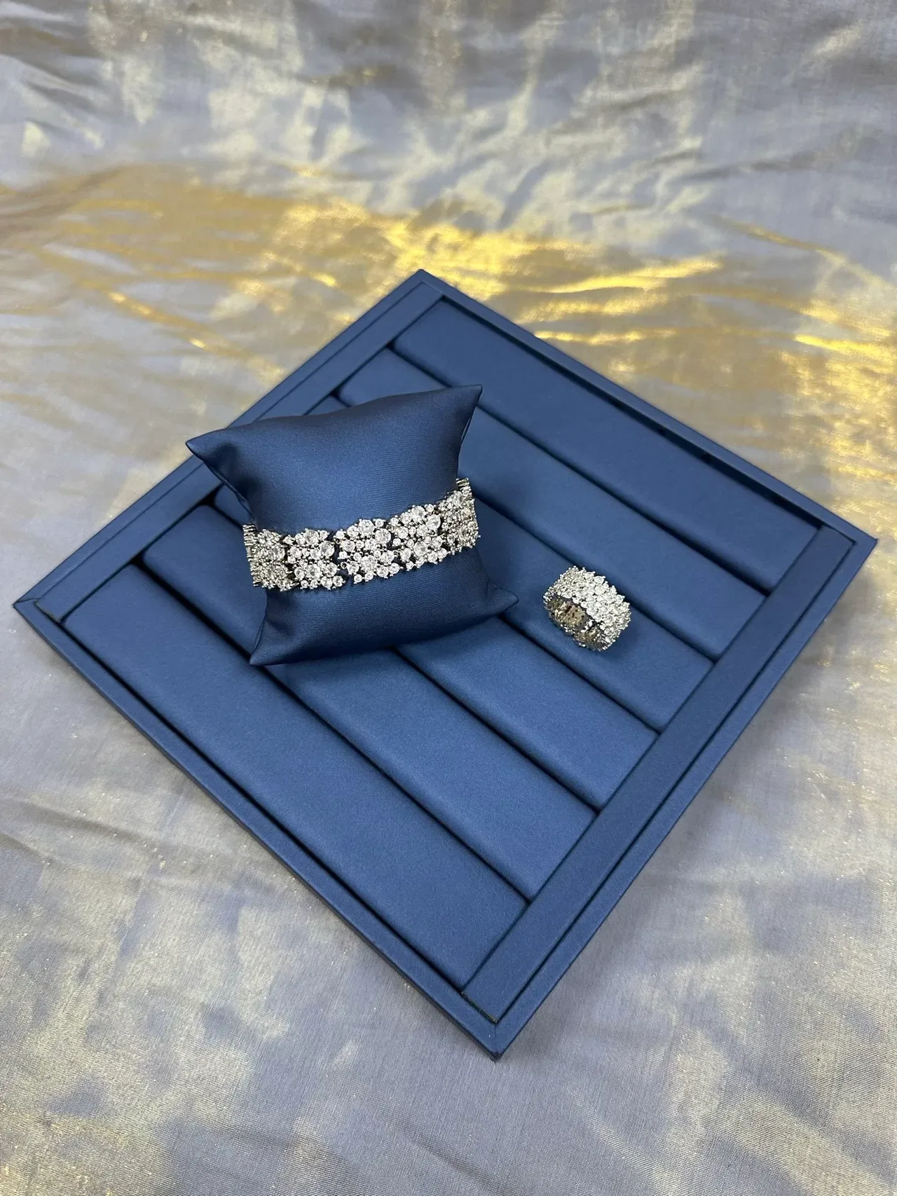 Navy Silver Multi-Row Crystal Cluster Rigid Cuff-Style Bracelet 9