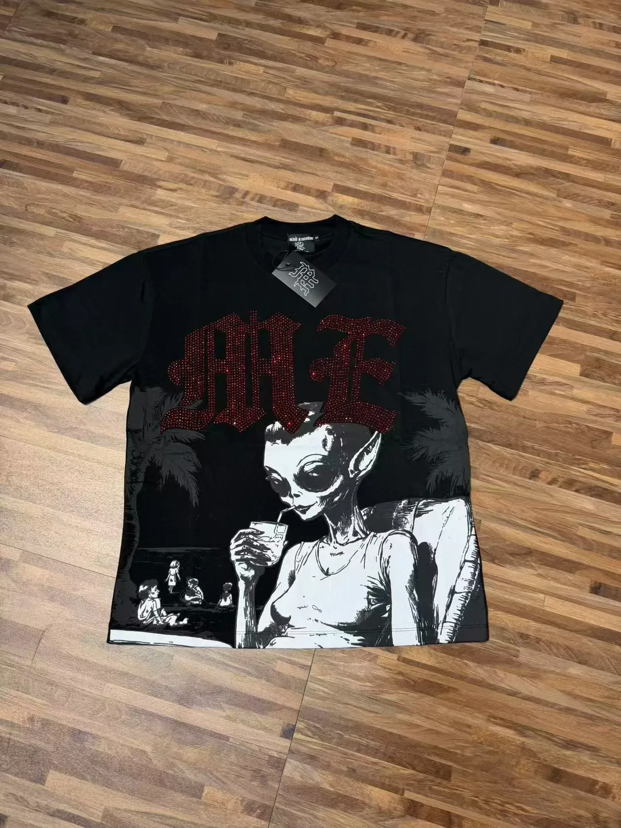Off-White Cream and Black Alien Graphic Rhinestone T-Shirt 3