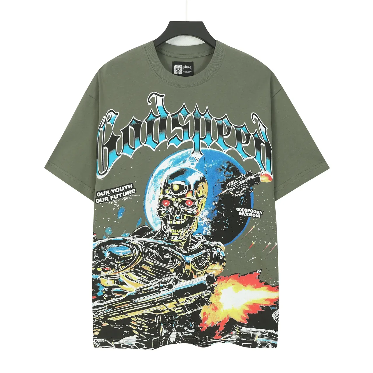 Olive Green Oversized Cyberpunk Graphic T-Shirt 2
